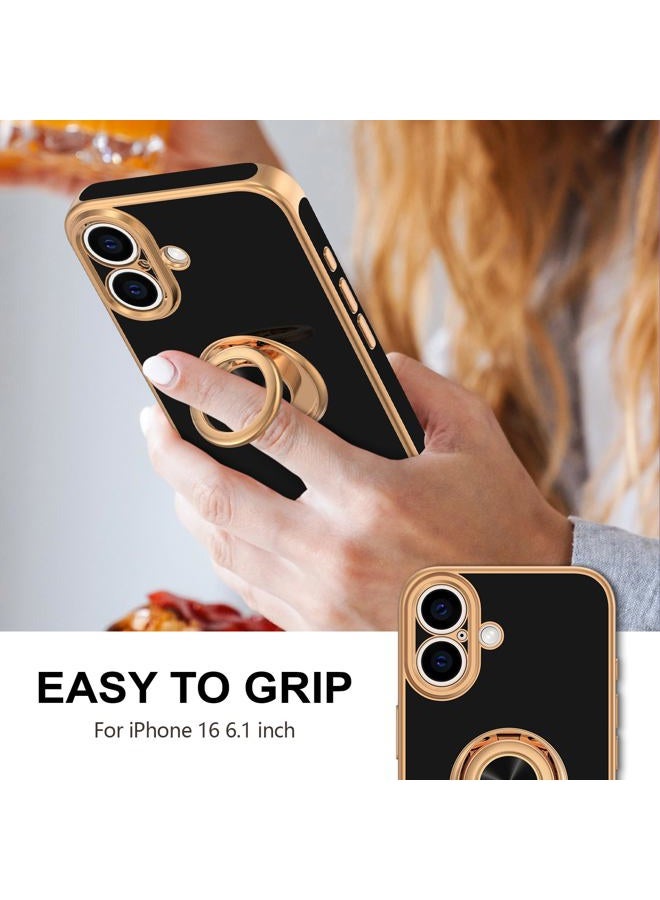 Hython Case for iPhone 16 Case with Ring Stand, 360° Rotatable Ring Holder Magnetic Kickstand, Plating Rose Gold Edge Soft Cover Protective Phone Case for iPhone 16 6.1", Black - Image 2