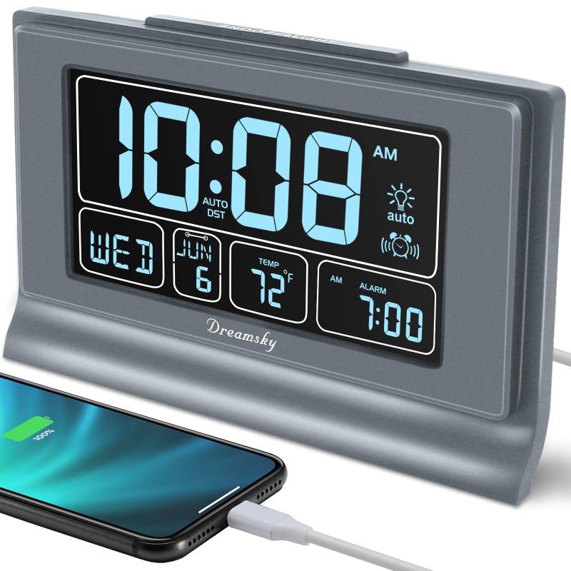 DreamSky Digital Alarm Clock with Battery Backup 5 Inch Large Display Auto Set Clock USB Charging Ports 1224H