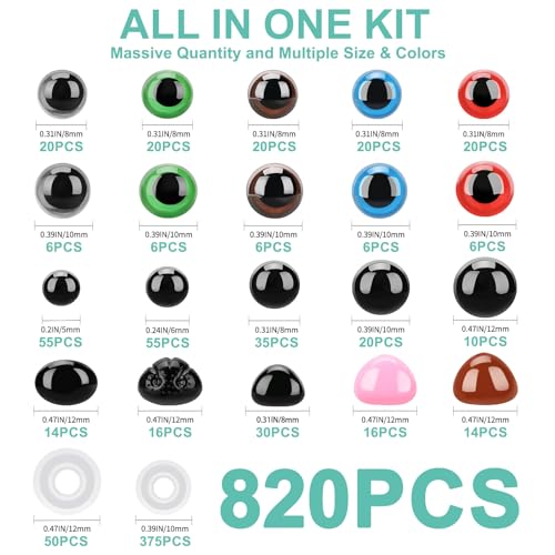 Junreox 820pcs Safety Eyes for Amigurumi- Premium Safety Eyes and Noses for Crochet Animals, Assorted Size Crochet Eyes with Washers for Dolls Plushies Toys, Safety Eyes for Stuffed Animals Teddy Bear - Image 2