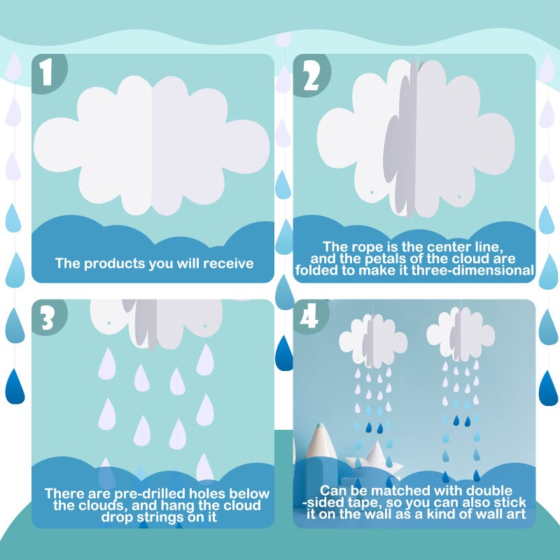 Eersida 20 Pcs 3D Cloud Hanging Decorations Paper Artificial Clouds and Raindrop Props Ceiling Shower April Party Decor Ornaments for DIY Wedding Room - Image 3