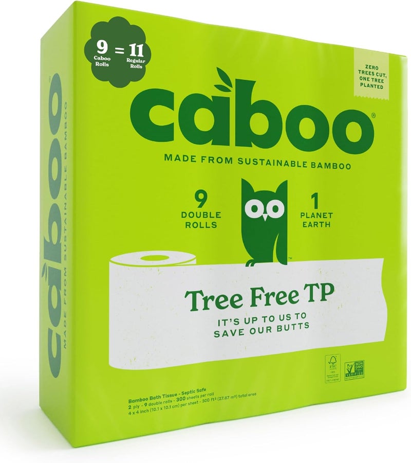 CABOO Tree Free Toilet Paper, Septic Safe Bath Tissue, Quick Dissolving 2 Ply Sheets - 300 Sheets Per Roll, 9 Double Rolls - Image 1