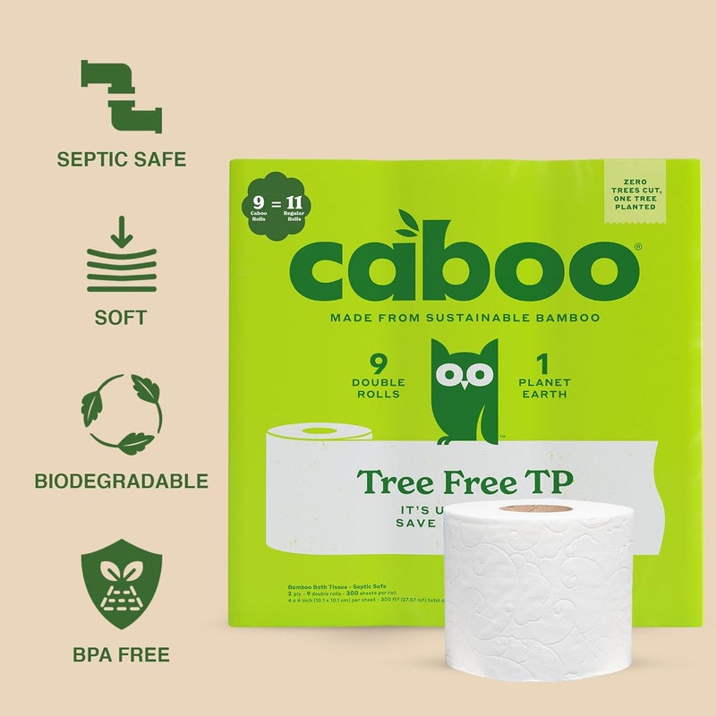CABOO Tree Free Toilet Paper, Septic Safe Bath Tissue, Quick Dissolving 2 Ply Sheets - 300 Sheets Per Roll, 9 Double Rolls - Image 2