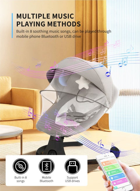 كرسي هزاز كهربائي للطفل مزود بجهاز تحكم عن بعد وبلوتوث، مهد متعدد الوظائف مع موسيقى وناموسية وألعاب معلقة للترفيه