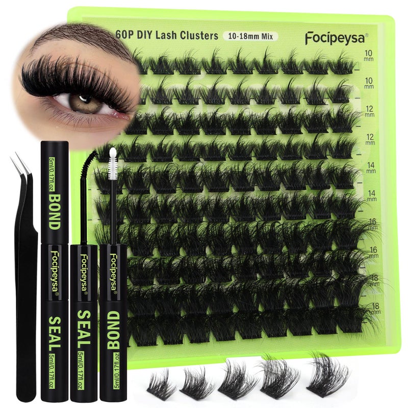 مجموعة تمديد الرموش Focipeysa DIY 60P مع لاصق ومثبت ورموش فردية رقيقة 1018MM