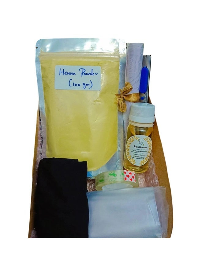متجر ثيلياستور طقم بداية نقش الحناء للأعمال اليدوية – 100 جرام بودرة مع زيت أساسي وأوراق صنع الأقماع وكيس التشكيل ودبوس وجورب وقاطع | طقم حرفي متكامل - Image 1