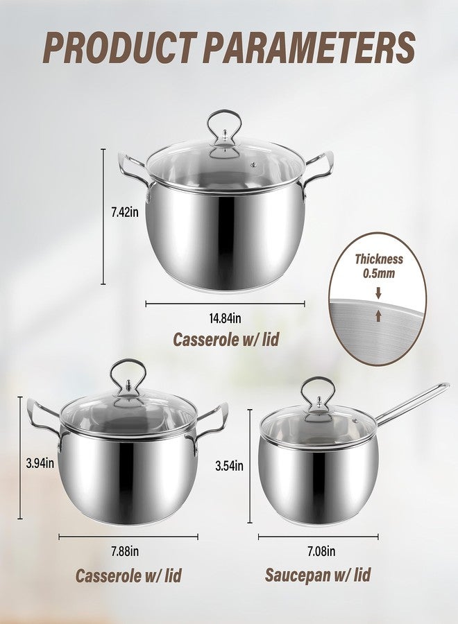 YSSOA Sleek Stainless Steel 6-Piece Cookware Set: Mirror Polished Interior and Exterior, 0.5mm Thickness, G-Type Glass Lids, Induction Ready with Aluminum and SS430# Bottom Plate - Image 2