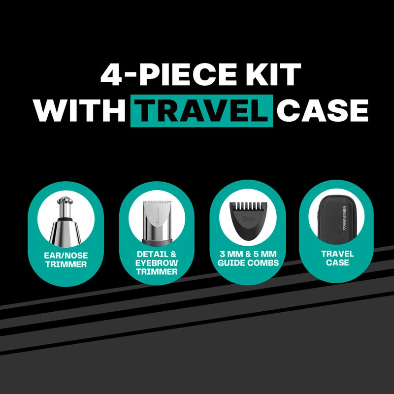Conair Men Ear, Nose and Eyebrow Trimmer, Patented 360Â° Bevel Blade for No Pulls, Nicks or Cuts Guaranteed, Nose Hair Trimmer for Men, Non-Slip Grip, 5-Piece Kit with Travel Case - Image 2