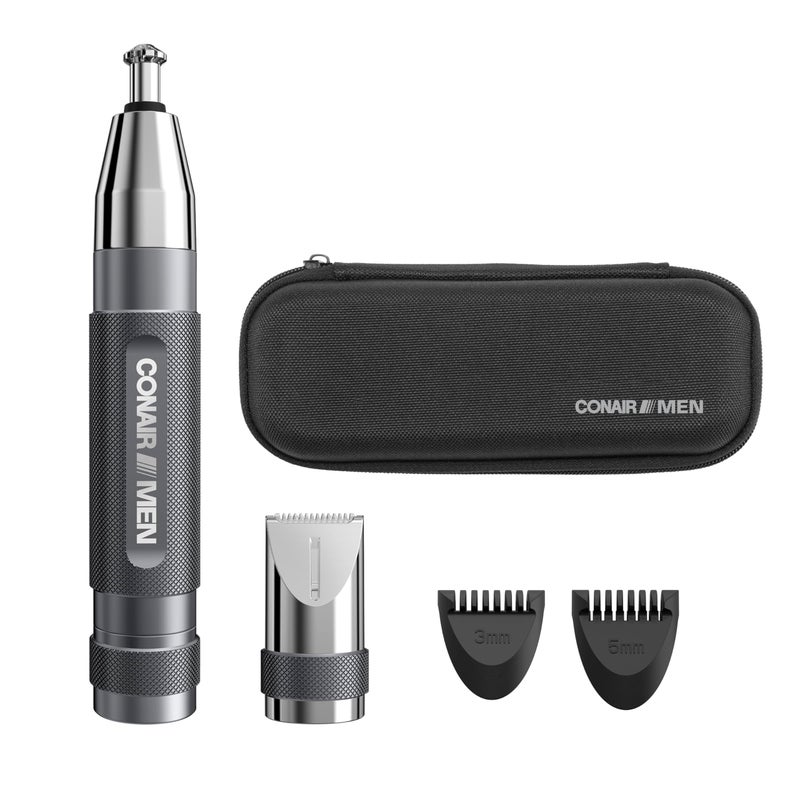 Conair Men Ear, Nose and Eyebrow Trimmer, Patented 360Â° Bevel Blade for No Pulls, Nicks or Cuts Guaranteed, Nose Hair Trimmer for Men, Non-Slip Grip, 5-Piece Kit with Travel Case - Image 1