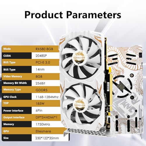 SURALLOW RX 580 8GB Graphics Card, 2048SP,GDDR5,256 Bit Graphics Card for Gaming PC,PCIE 3.0,Twin Freeze Fans Computer Video Card with HDMI/DP/Ports - Image 2