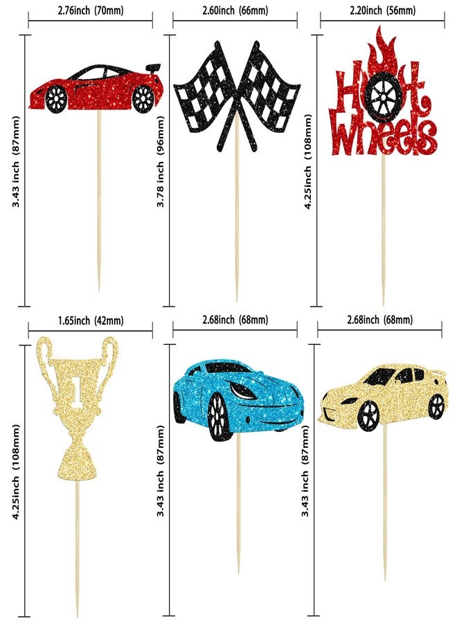 Ephlyn 24Pcs Race Car Cupcake Toppers Glitter Traffic Light Steering Wheel Trophy Flag Racing Car Cupcake Pick Decorations for Let's Go Racing Sports Theme Baby Shower Boys Birthday Party - Image 2