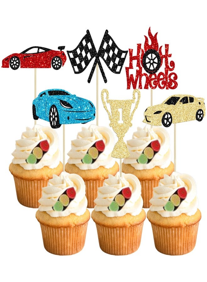 Ephlyn 24Pcs Race Car Cupcake Toppers Glitter Traffic Light Steering Wheel Trophy Flag Racing Car Cupcake Pick Decorations for Let's Go Racing Sports Theme Baby Shower Boys Birthday Party - Image 1