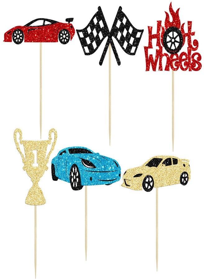 Ephlyn 24Pcs Race Car Cupcake Toppers Glitter Traffic Light Steering Wheel Trophy Flag Racing Car Cupcake Pick Decorations for Let's Go Racing Sports Theme Baby Shower Boys Birthday Party - Image 3