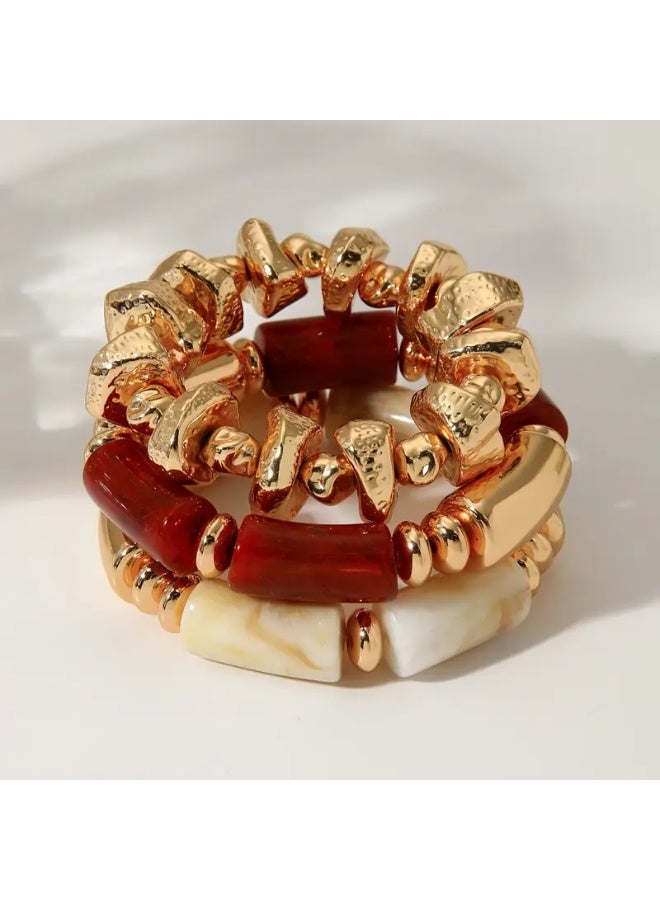 Just Pretty Corner 3pcs Fashionable Retro Multi-layer Brown Acrylic Beaded Bracelet - Image 2