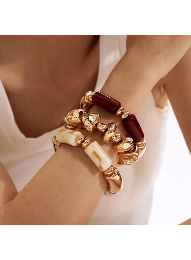 Just Pretty Corner 3pcs Fashionable Retro Multi-layer Brown Acrylic Beaded Bracelet - Image 1