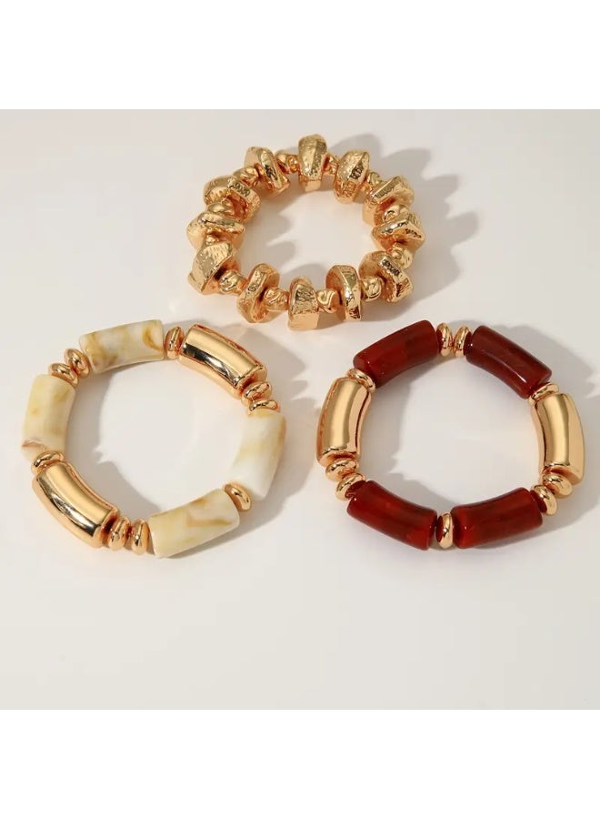 Just Pretty Corner 3pcs Fashionable Retro Multi-layer Brown Acrylic Beaded Bracelet - Image 3