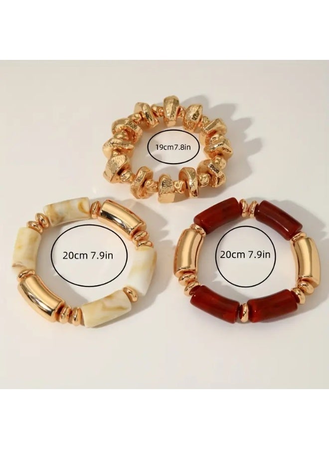 Just Pretty Corner 3pcs Fashionable Retro Multi-layer Brown Acrylic Beaded Bracelet - Image 4