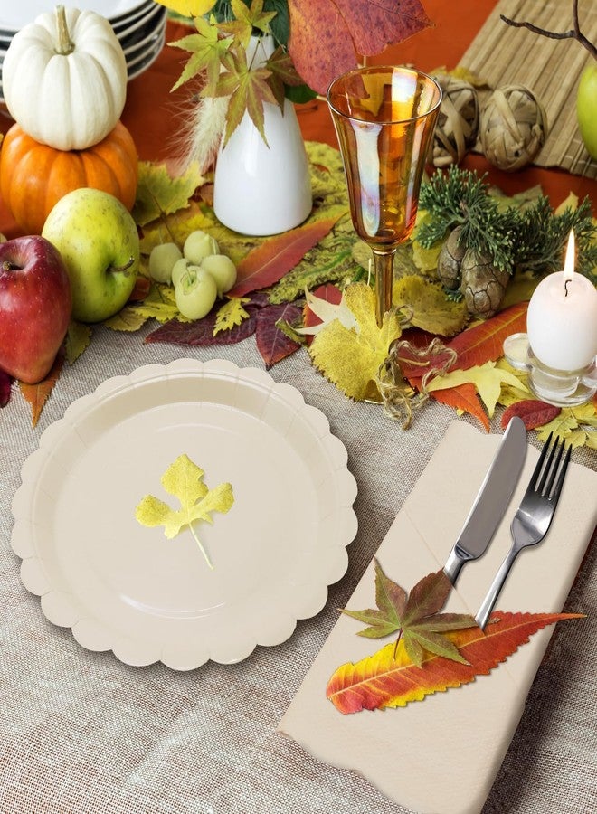 VEIZEDD 100Pcs Ivory Scalloped Paper Plates Tableware Set Include Fall Paper Plates and Napkins Serves 50,Boho Party Platter for Baby Shower Wedding Birthday - Image 5
