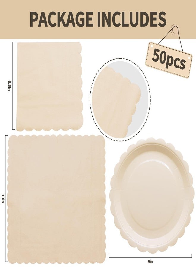 VEIZEDD 100Pcs Ivory Scalloped Paper Plates Tableware Set Include Fall Paper Plates and Napkins Serves 50,Boho Party Platter for Baby Shower Wedding Birthday - Image 2