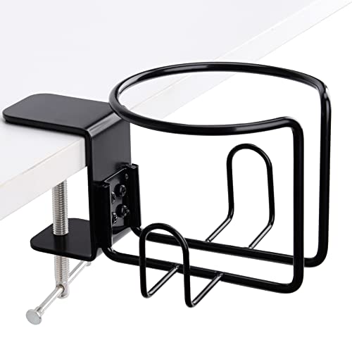 LEKUSHA Large Desk Cup Holder, Clip On Table Cup Holder, Anti-Spill Drink Holder for Lawn Chair, Horizontal or Vertical Mount, Pack of 1, Black - Image 1