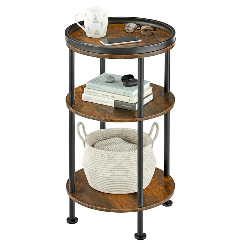 ZEXVIDA Small Round Side Table with Tray Top (Patented Design), 11.8" Narrow End Table for Small Spaces, 3-Tier Industrial Nightstand, Original Rustic Accent Furniture for Living Room Bedroom, Rustic Brown - Image 1