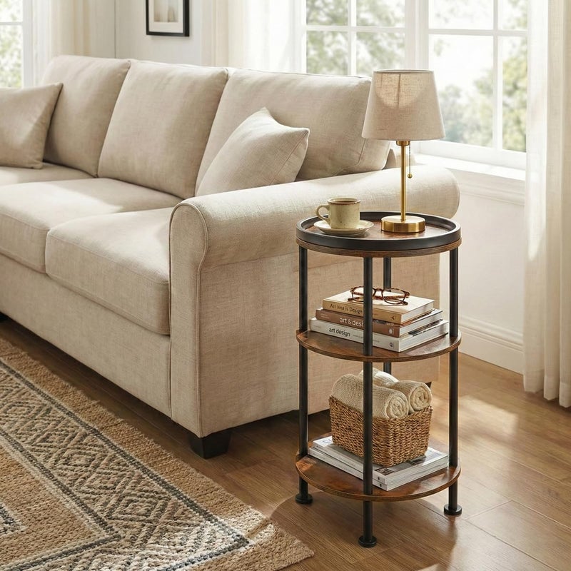 ZEXVIDA Small Round Side Table with Tray Top (Patented Design), 11.8" Narrow End Table for Small Spaces, 3-Tier Industrial Nightstand, Original Rustic Accent Furniture for Living Room Bedroom, Rustic Brown - Image 5