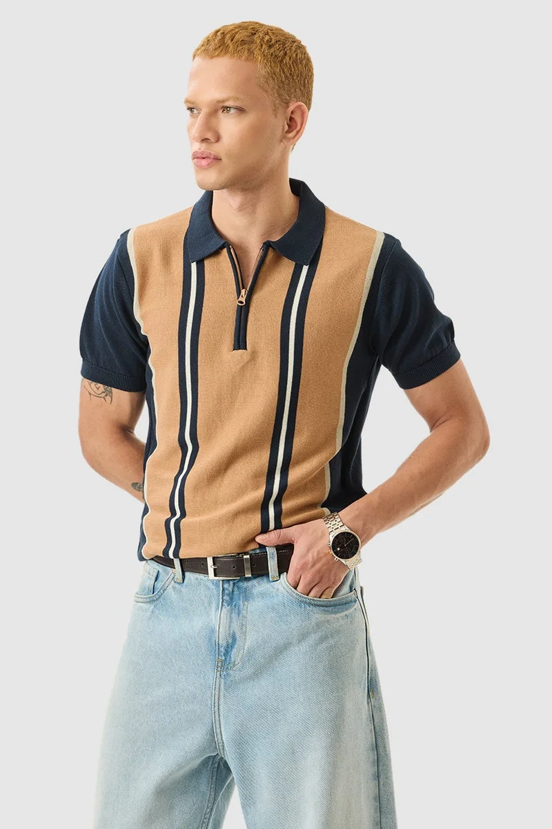 SNITCH Navy Striped Half Sleeve Slim Fit T-Shirt