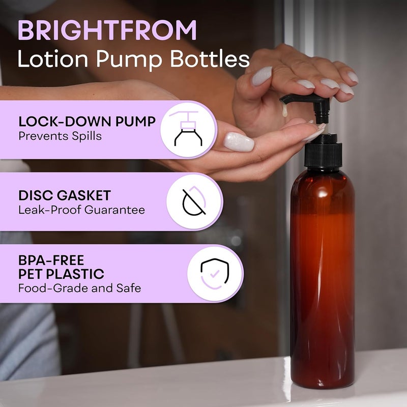 BRIGHTFROM Lotion Pump Bottles, Empty 8 OZ, BPA-Free Refillable Plastic Containers, Amber with Black Dispenser for - Soap, Shampoo, Lotions, Liquid Body Soap, Creams and Massage Oil (2 Pack) - Image 2