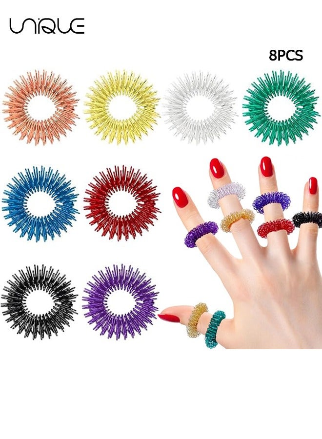 Unique 8 Pack Spiky Sensory Finger Rings, for Silent Stress Relief and Massage to Improve Blood Circulation，Stress Relief Fidget Ring for Teens and Adults - 8 Colors  - Image 1