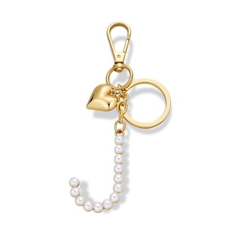 FAUTHENTICUTE Initial Letter J Keychains For Women Gold Keyrings With Gold Heart And Pearl Alphabet Cute Bag Charms For Handbag Purse Accessories Gift - Image 1