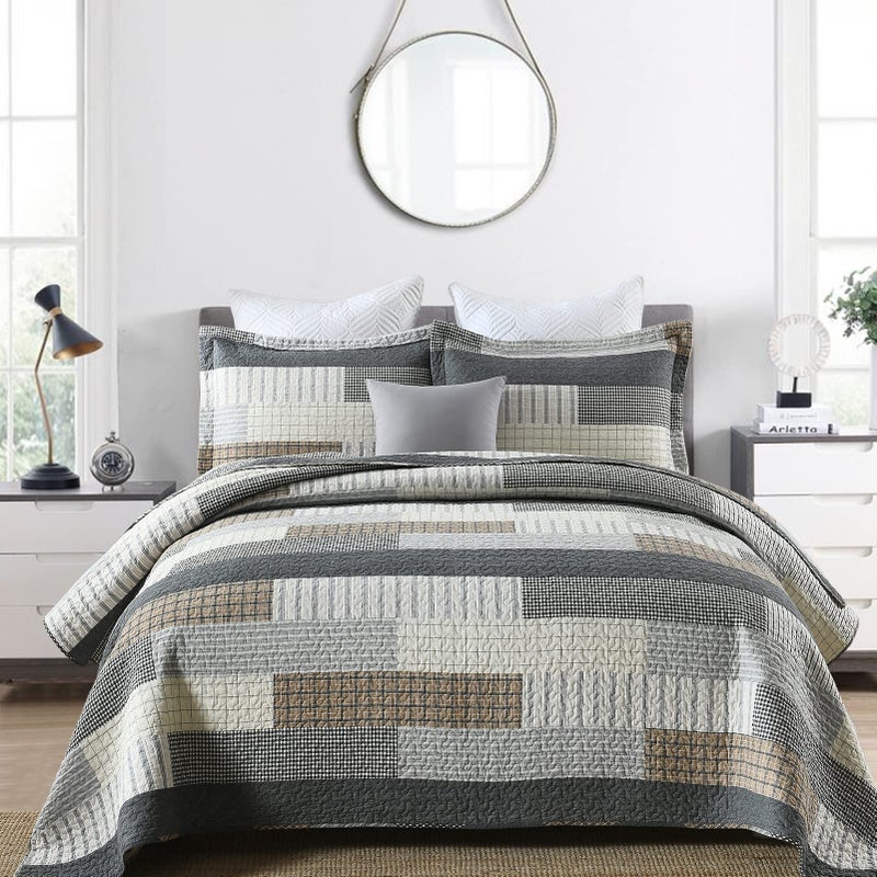 PERHOM Quilt King Size  100 Cotton Farmhouse Rustic King Quilt Set Cabin King Quilt Bedding Set Bedspreads Lodge Lightweight Patchwork Plaid Quilted Comforter for King Bed GreyBrownBeige