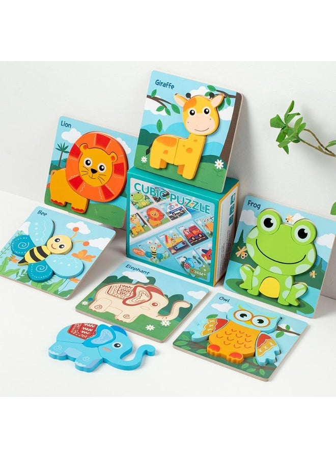 6 Piece 3D Wooden Jigsaw Puzzles for Toddlers Kids Preschool Educational Learning Toys ,Baby Wooden Puzzles ,Montessori Toys Gifts for Toddlers Baby（animal) - Image 1