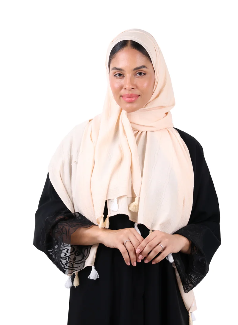 Crinkle Cotton Scarf with Tassel Trim (Cream Beige)