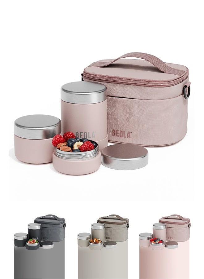 BEOLA Lunch Set with Bag, Includes Insulated Stainless Steel Thermos 450ml and 2 Single Wall Stainless Steel Food Jars Containers, Tiffin Lunch Box with Bag for Adults Kids (Blush Pink) - Image 1