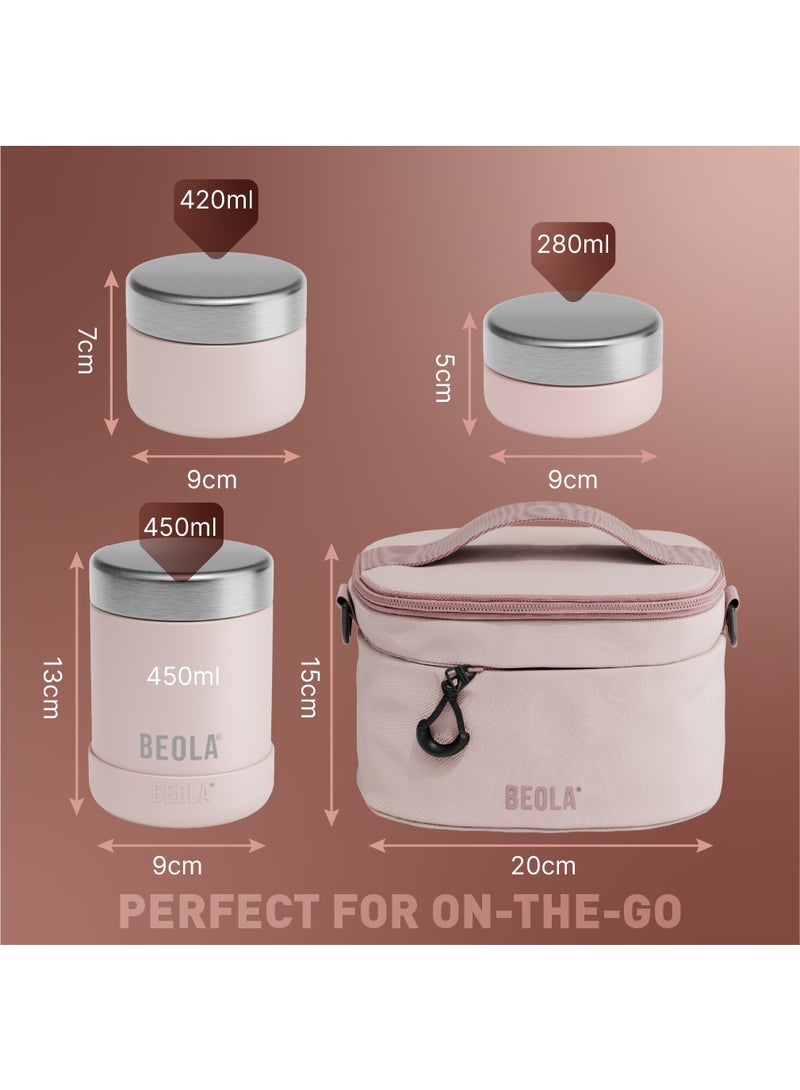 BEOLA Lunch Set with Bag, Includes Insulated Stainless Steel Thermos 450ml and 2 Single Wall Stainless Steel Food Jars Containers, Tiffin Lunch Box with Bag for Adults Kids (Blush Pink) - Image 3