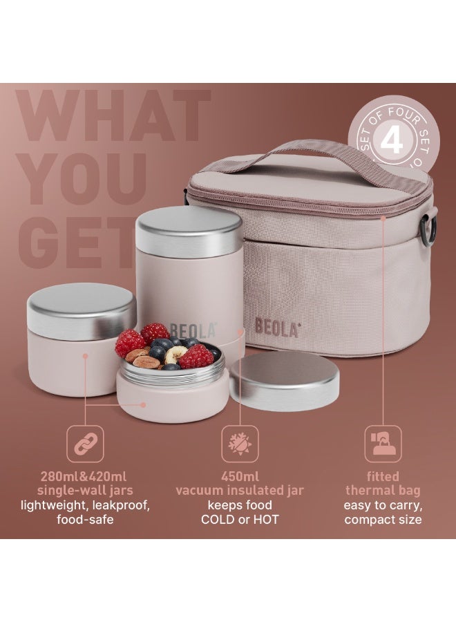 BEOLA Lunch Set with Bag, Includes Insulated Stainless Steel Thermos 450ml and 2 Single Wall Stainless Steel Food Jars Containers, Tiffin Lunch Box with Bag for Adults Kids (Blush Pink) - Image 4