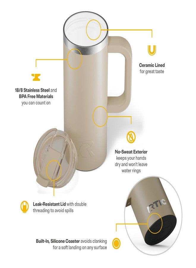 RTIC 20oz Road Trip Travel Mug with Lid and Handle, Insulated, Stainless Steel, Metal, Double Wall Vacuum-Insulation, Ceramic Lined, Portable Coffee, Tea Cup for Hot and Cold Drink, Beach - Image 4