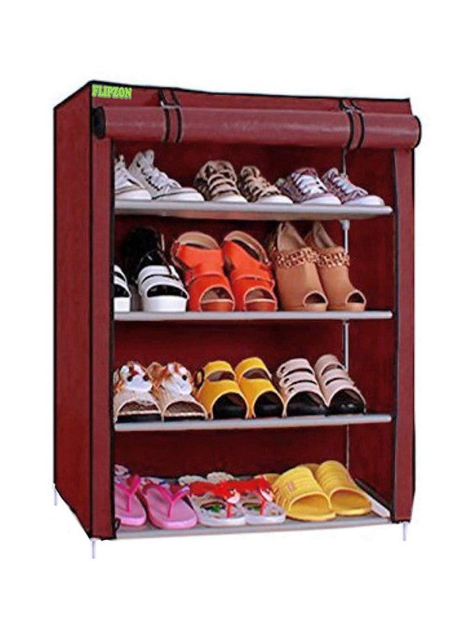 FLIPZON Multipurpose 4-Tiers Shoe Rack with Dustproof Zip Cover, Multiuse Wide Space Storage Rack made by Non Woven Fabric for footwear, Toys, clothes (4 Shelves) (Maroon), Plastic Non Woven, Cm - Image 1