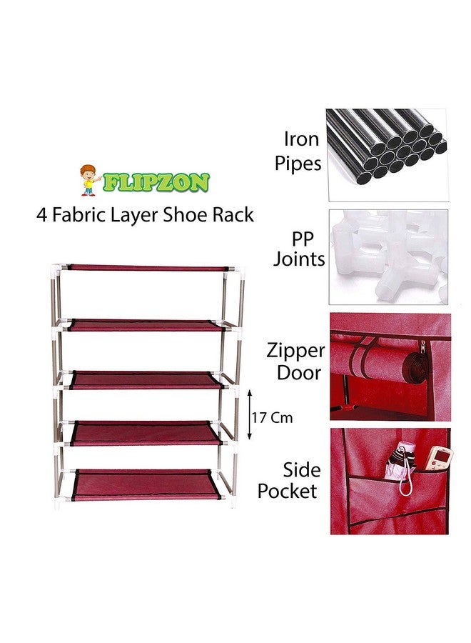 FLIPZON Multipurpose 4-Tiers Shoe Rack with Dustproof Zip Cover, Multiuse Wide Space Storage Rack made by Non Woven Fabric for footwear, Toys, clothes (4 Shelves) (Maroon), Plastic Non Woven, Cm - Image 3
