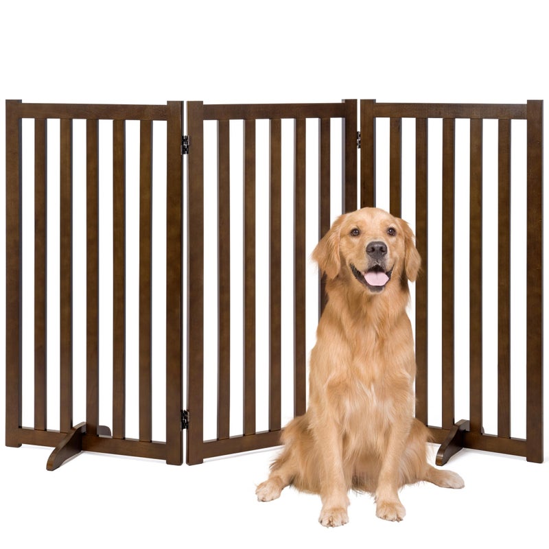 36 Height Extra Tall Freestanding Pet Gate Solid Wood Folding Safety Fence Wooden Dog Gate with 2 PCs Support Feet Ideal for Stairs Doorways Halls Kitchens Heavy Duty Gates 3 Panels Walnut