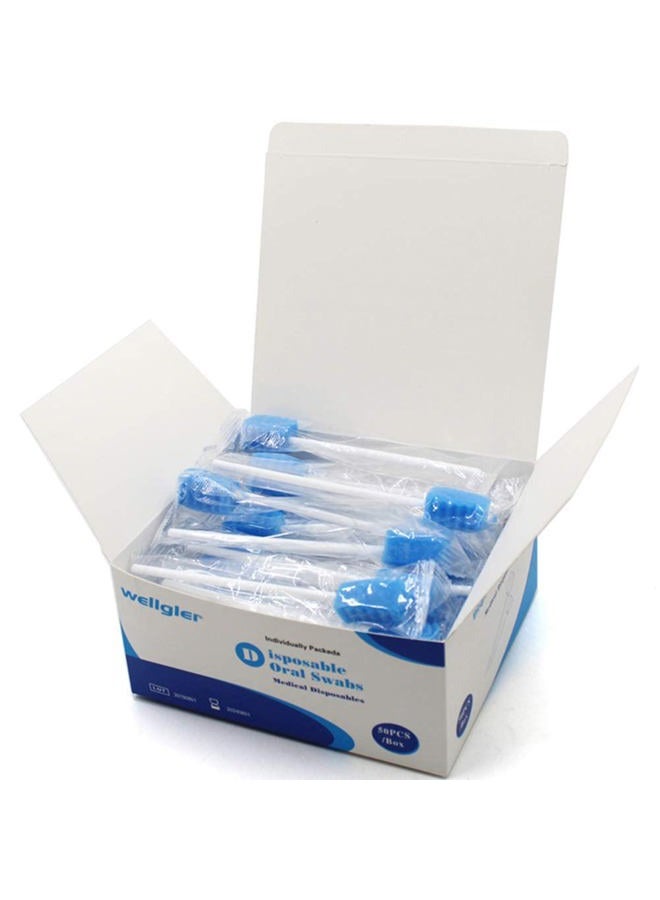 wellgler Disposable Unflavored Oral Care Sponge Swabs, Tooth Shape Blue (50 Count) - Image 1
