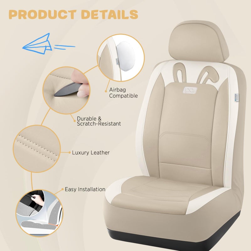 PIC AUTO Car Seat Covers, Cute Rabbit Premium Beige Leather Seat Covers, Universal Fit Front Seat Covers for Cars, Trucks, SUVs, Soft & Wear-Resistant Auto Interior Protection with Airbag-Compatible - Image 3