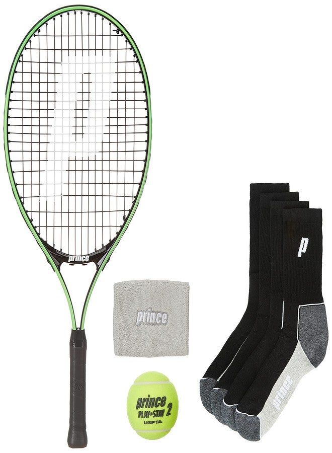 برنس مضرب تنس برينس تور 23 مع 12 كرة تنس برتقالية من المرحلة الثانية، وجوارب وسوار معصم برينس برو بلاير باللونين الأخضر والأبيض - Image 1