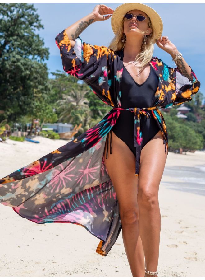 Loquat Cotton Print Cardigan Vacation Casual Beach Bikini Mousse 1062 22 Color-Color:Black Tie-Dye 3- - Image 1