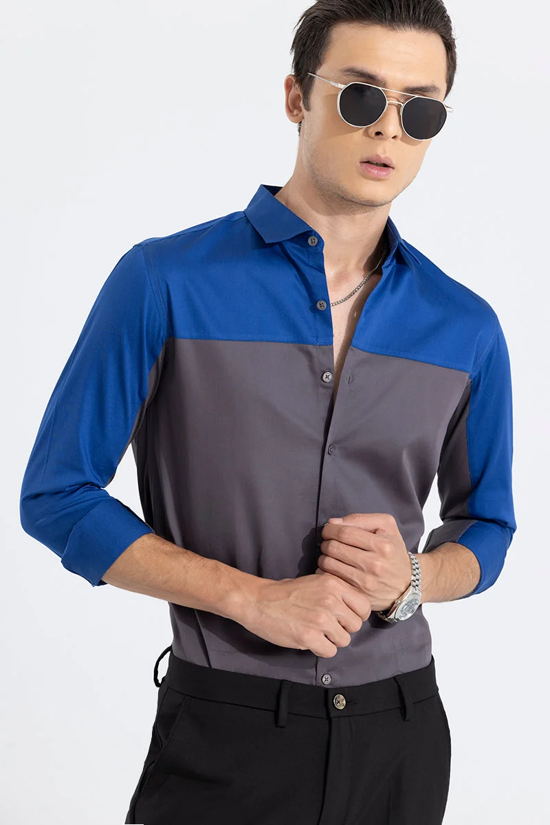 سنيتش Charcoal Grey Colour Blocked Long Sleeve Slim Fit Casual Shirt