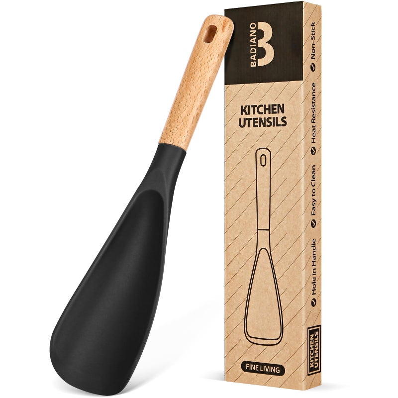 Cooking Spoon for Nonstick Cookwares Great for Cooking and Serving Sturdy BPAFree Matte Silicone Wood Handle Spoon for Mixing Scoop and Scrape BLACK 114 inch