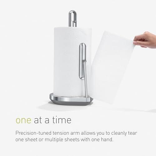 simplehuman Tension Arm Standing Paper Towel Holder, Heavy-Duty, Easy One-Handed Tear, Kitchen Countertop, White Stainless Steel - Image 4