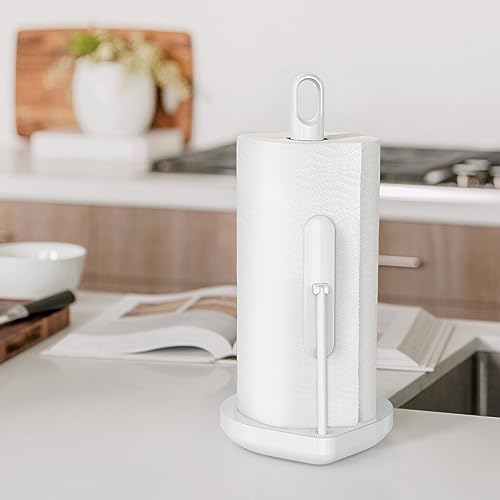 simplehuman Tension Arm Standing Paper Towel Holder, Heavy-Duty, Easy One-Handed Tear, Kitchen Countertop, White Stainless Steel - Image 3