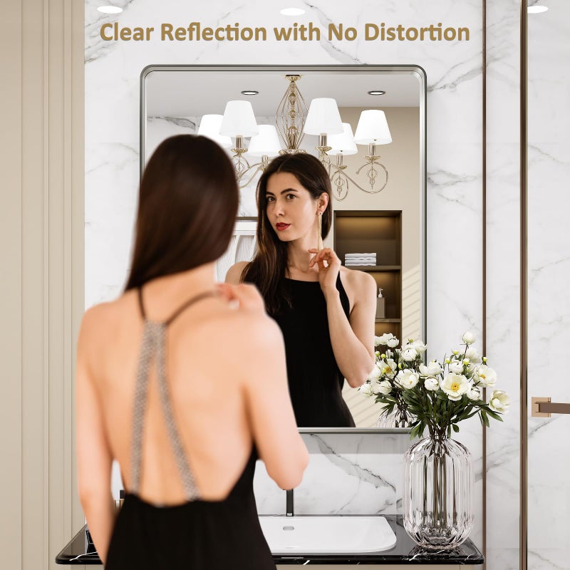 LOAAO 30X36 Inch Brushed Nickel Bathroom Mirror, Rounded Rectangle Silver Metal Frame Mirror, Brushed Nickel, Anti-Rust, Shatter Proof, Hangs Horizontally or Vertically - Image 2