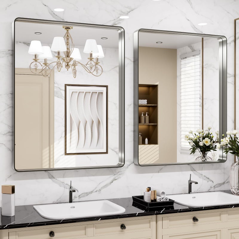 LOAAO 30X36 Inch Brushed Nickel Bathroom Mirror, Rounded Rectangle Silver Metal Frame Mirror, Brushed Nickel, Anti-Rust, Shatter Proof, Hangs Horizontally or Vertically - Image 4