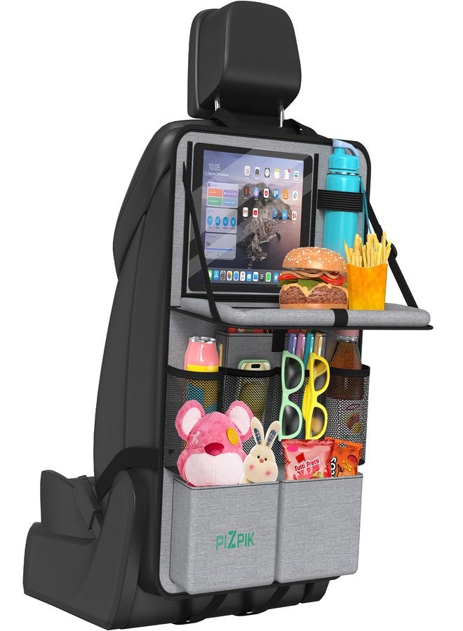 Plzpik Car Backseat Organizer with Tablet Holder,11 Storage Pockets with Foldable Food Tray, Protector Kick Mats for Kids, Travel Accessories Organizer (Gray, 1Pack) - Image 1